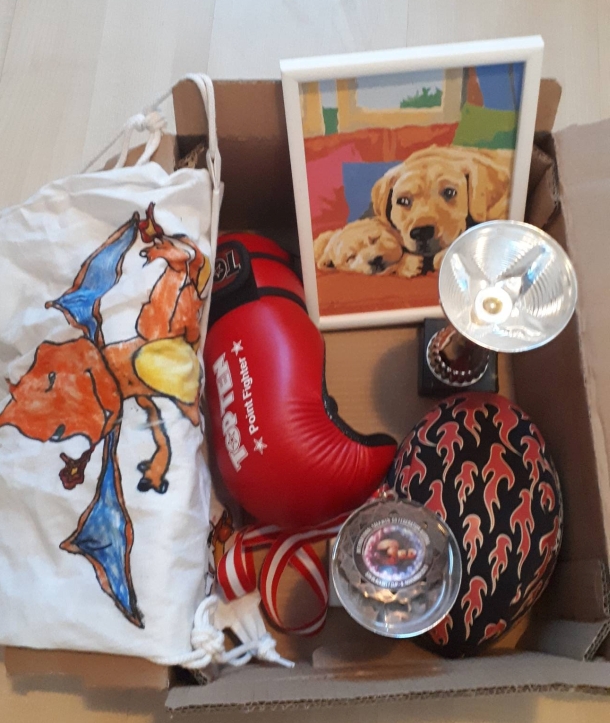 ein Schachtel mit einem Boxhandschuh, einem Pokal, einem Hundefoto und einem American Football